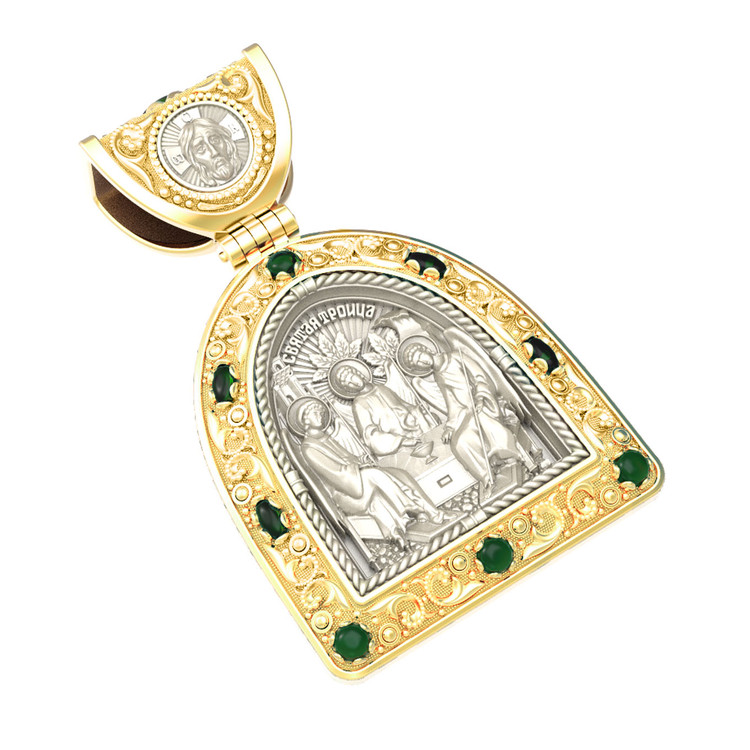 Нательная икона из лимонного золота 585 пробы c эмалью, хризопразом и бивнем мамонта