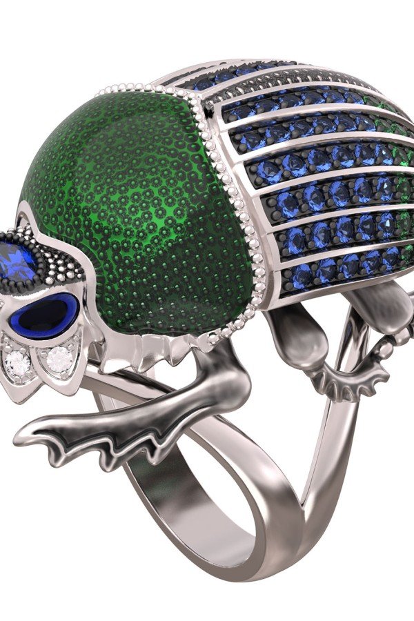 Кольцо из белого золота c эмалью, фианитом и сапфиром