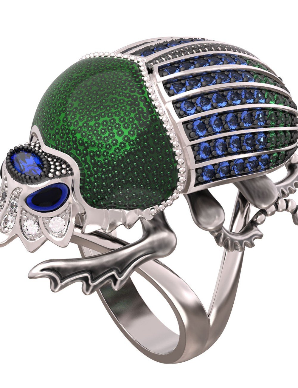 Кольцо из белого золота c эмалью, фианитом и сапфиром