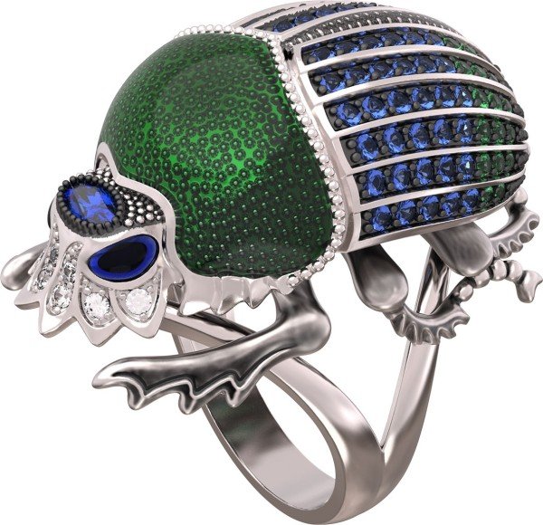 Кольцо из белого золота c эмалью, фианитом и сапфиром