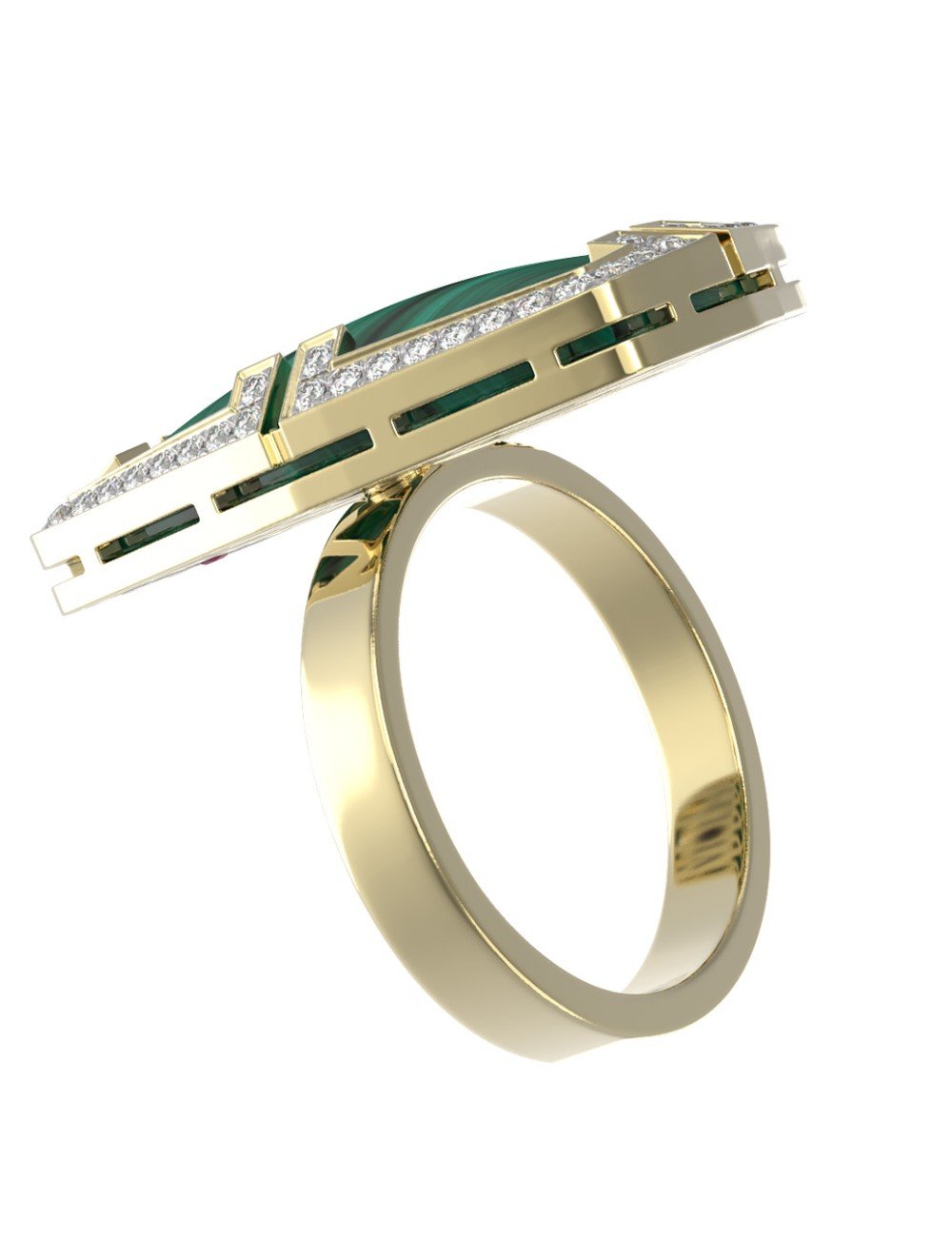 Кольцо из лимонного золота c бриллиантами, рубином и малахитом