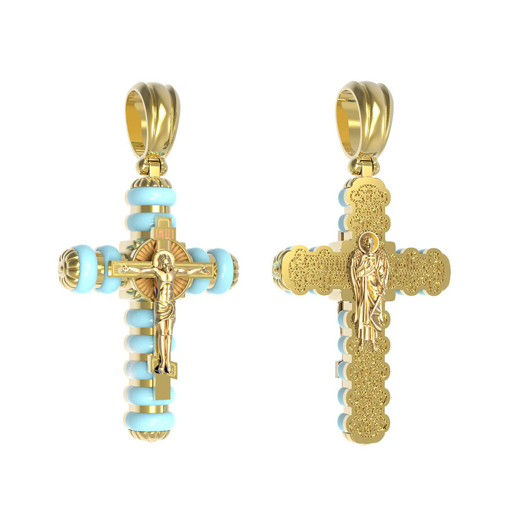 Крест из лимонного золота 585 пробы c бирюзой