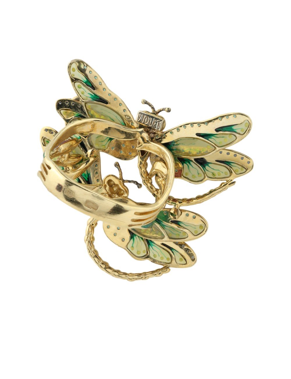 Кольцо из лимонного золота c сапфиром, изумрудом и эмалью