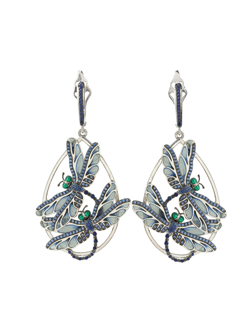 Серьги из белого золота 585 пробы c сапфиром и эмалью