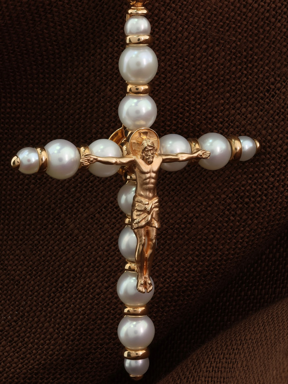 Крест из красного золота 585 пробы c жемчугом