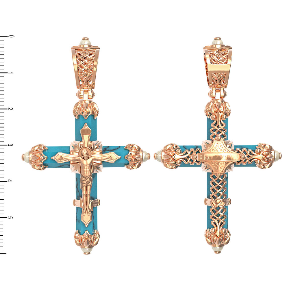 Крест из красного золота 585 пробы c жемчугом и бирюзой