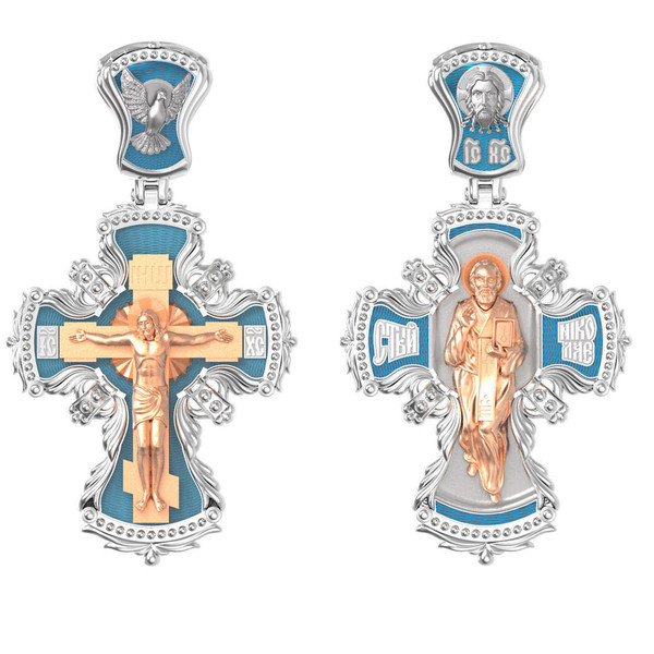 Крест из белого золота 585 пробы c эмалью