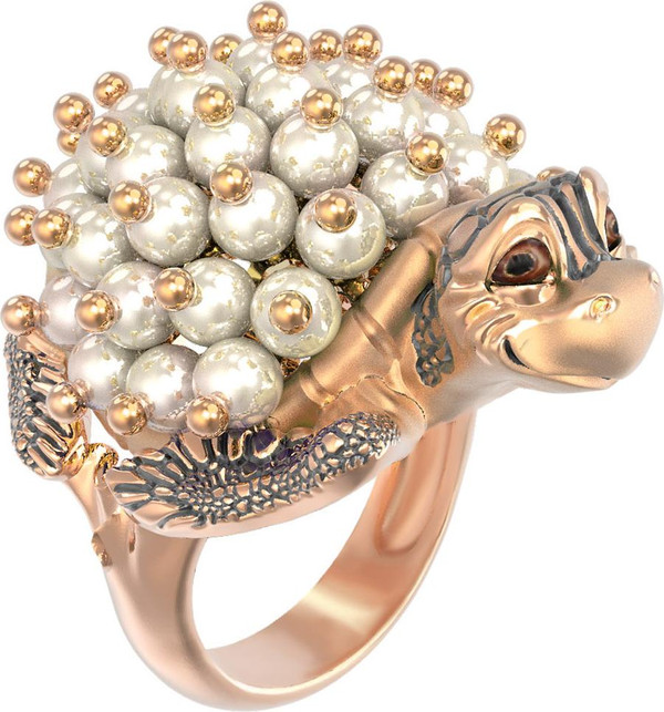 Кольцо из красного золота 585 пробы c эмалью и жемчугом