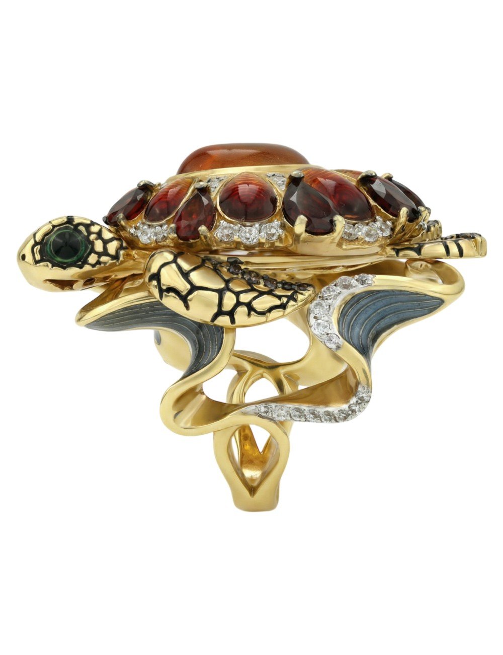 Кольцо из лимонного золота c эмалью, фианитом, гранатом и янтарём