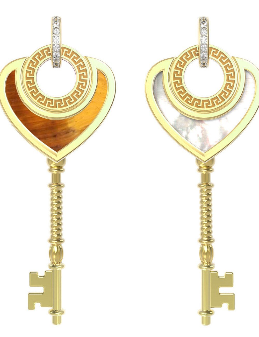 Подвеска из лимонного золота c фианитом, тигровым глазом и перламутром