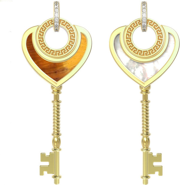 Подвеска из лимонного золота 585 пробы c фианитом, тигровым глазом и перламутром