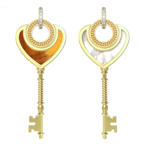 Подвеска из лимонного золота 585 пробы c фианитом, тигровым глазом и перламутром