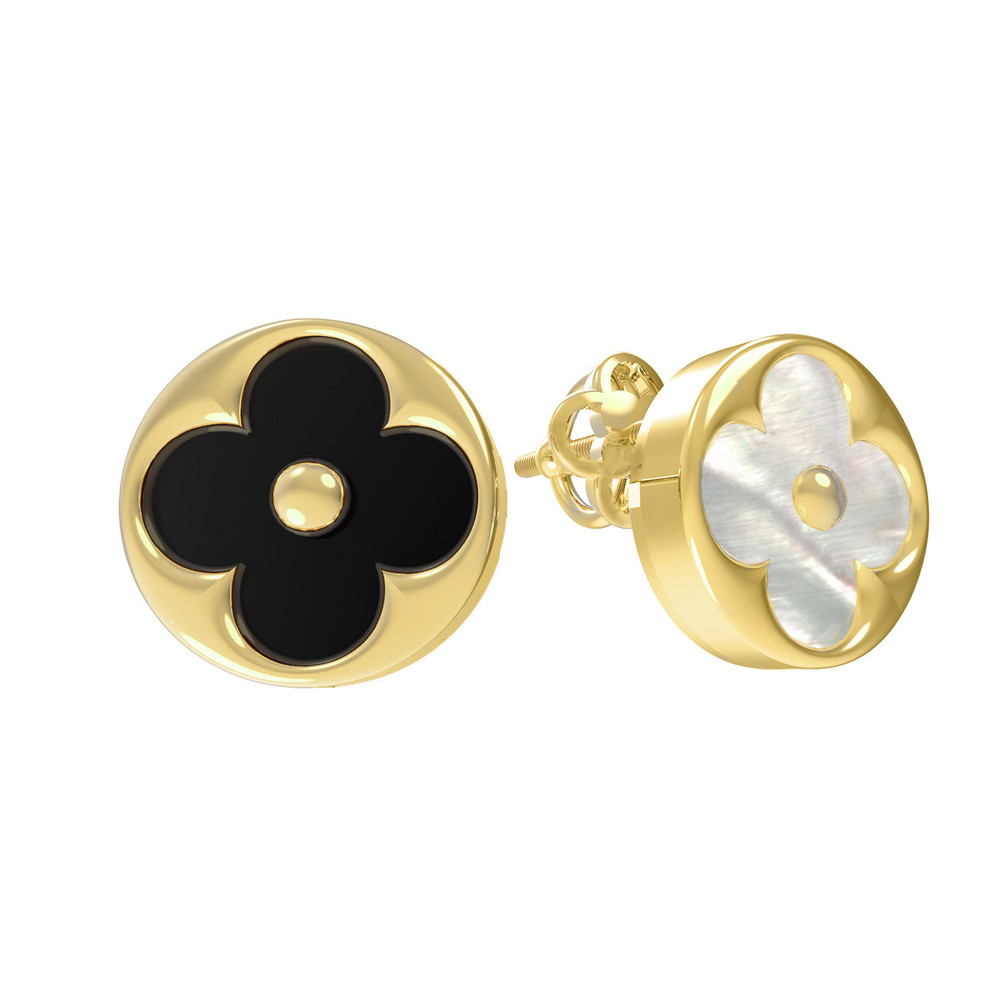 Серьги из лимонного золота 585 пробы c ониксом и перламутром