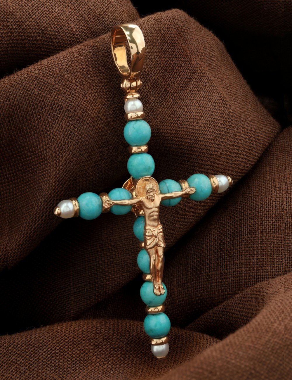 Крест из золота c жемчугом и бирюзой