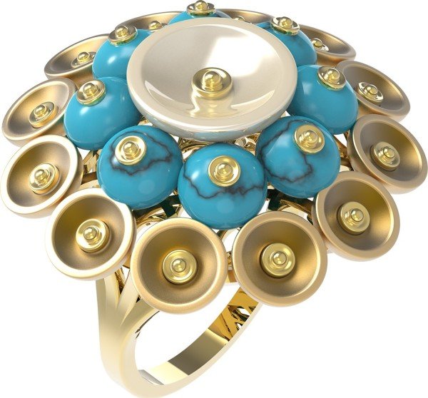 Кольцо из лимонного золота c бирюзой и перламутром