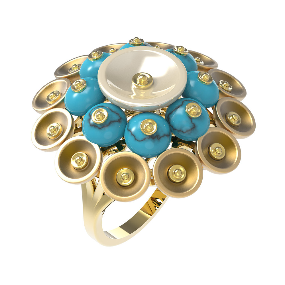 Кольцо из лимонного золота 585 пробы c бирюзой и перламутром