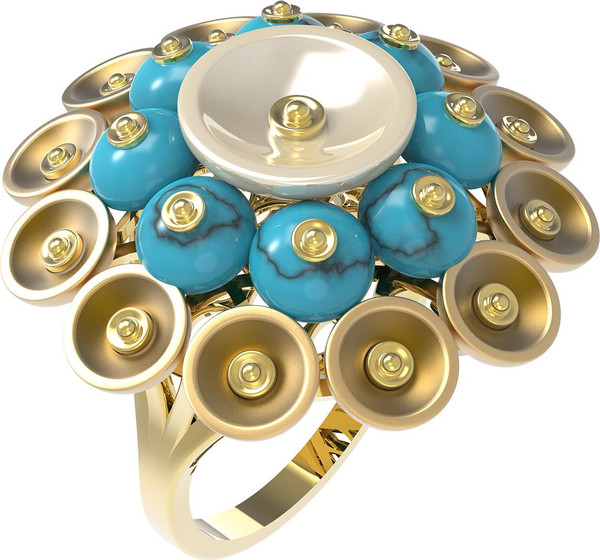 Кольцо из лимонного золота 585 пробы c бирюзой и перламутром