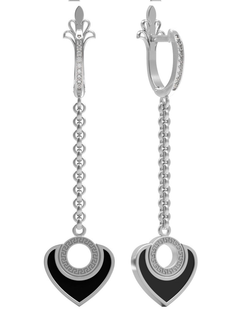 Серьги из белого золота c фианитом и ониксом