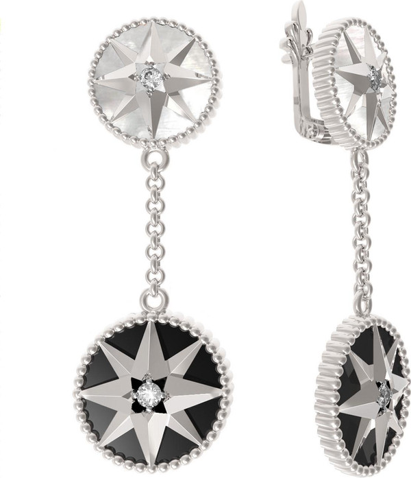 Серьги из белого золота 585 пробы c фианитом, ониксом и перламутром