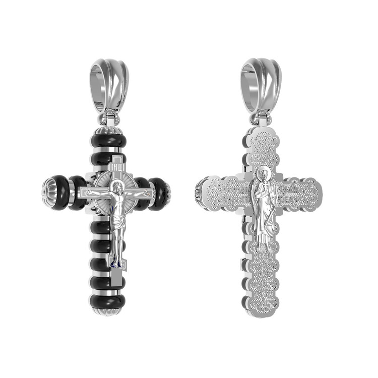 Крест из белого золота 585 пробы c ониксом