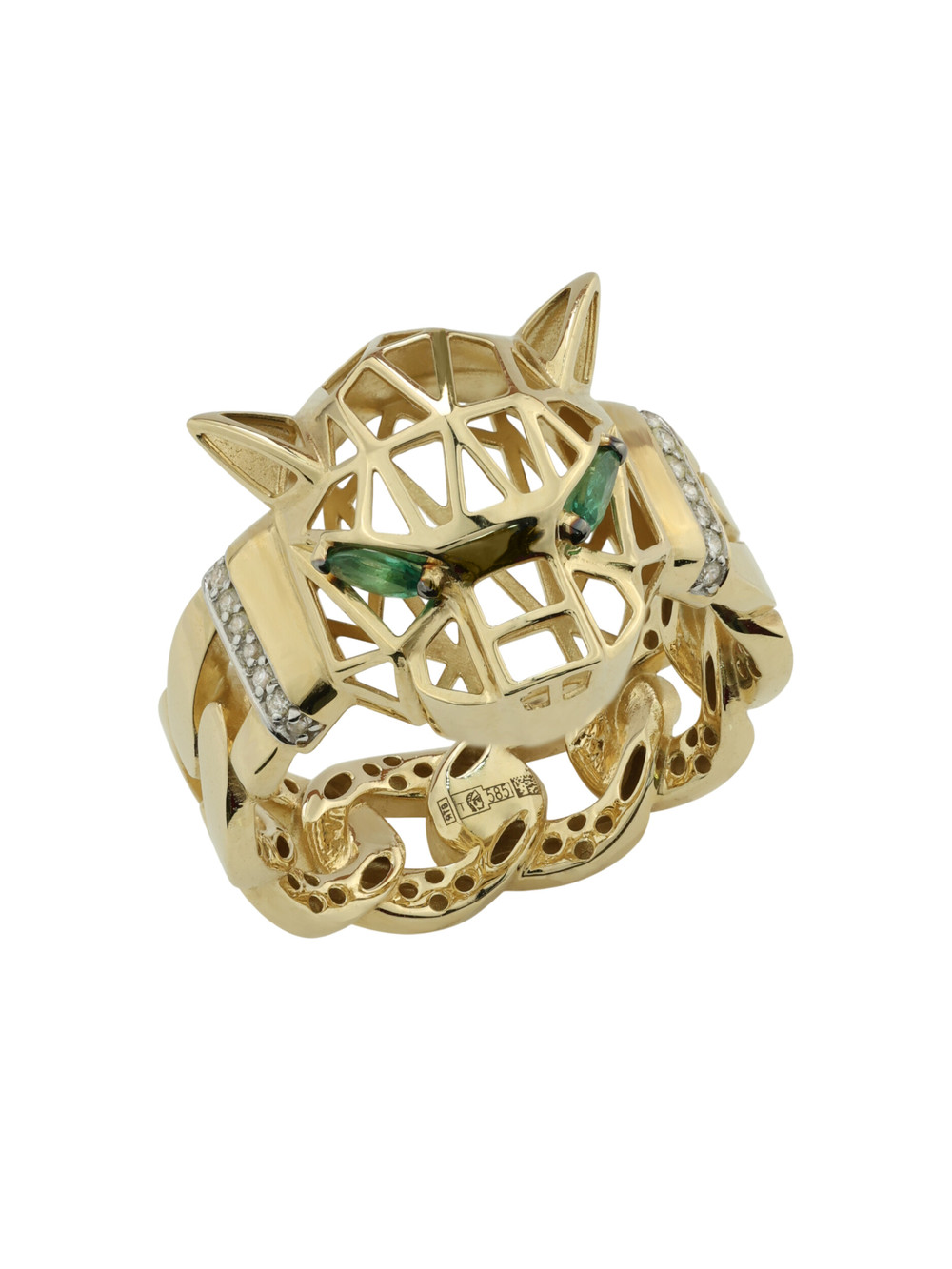 Кольцо из лимонного золота 585 пробы c бриллиантами и изумрудом