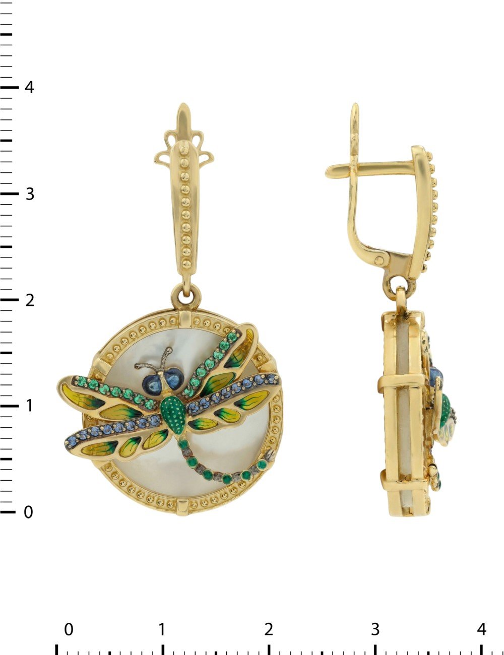 Серьги из лимонного золота c сапфиром, изумрудом, эмалью и перламутром