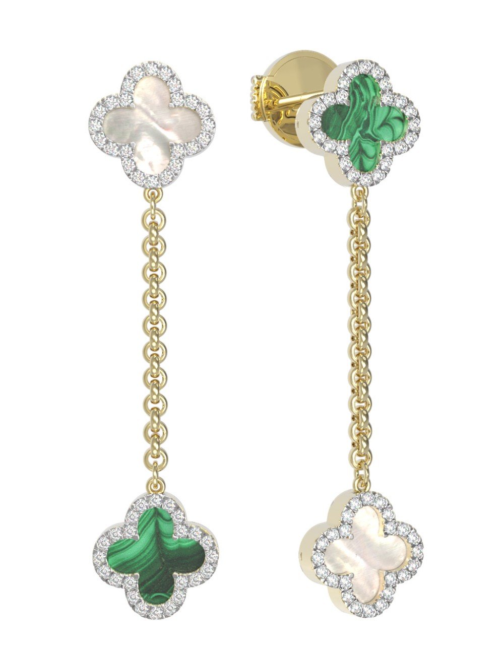 Серьги из лимонного золота c бриллиантами, малахитом и перламутром