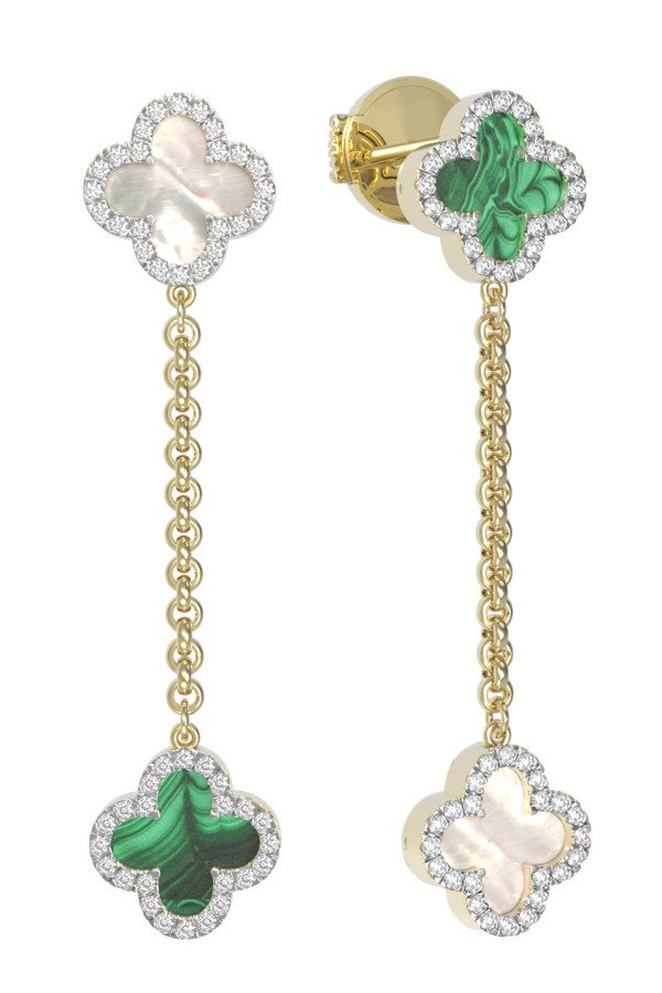 Серьги из лимонного золота c бриллиантами, малахитом и перламутром