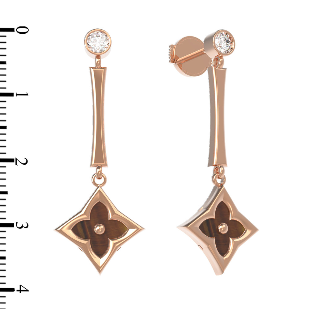 Серьги из красного золота 585 пробы c фианитом и тигровым глазом