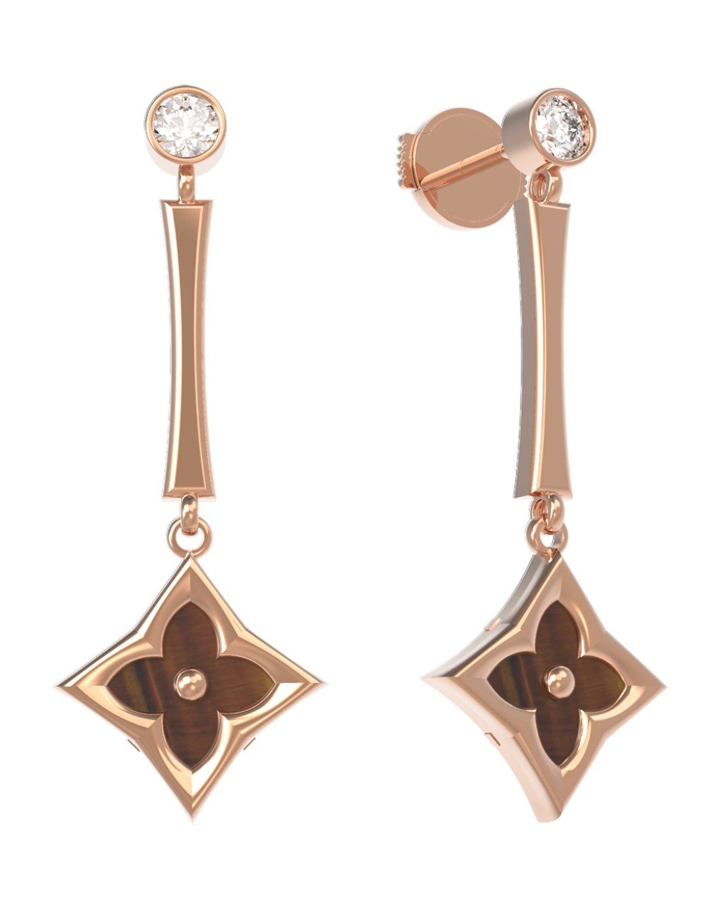 Серьги из золота c фианитом и тигровым глазом