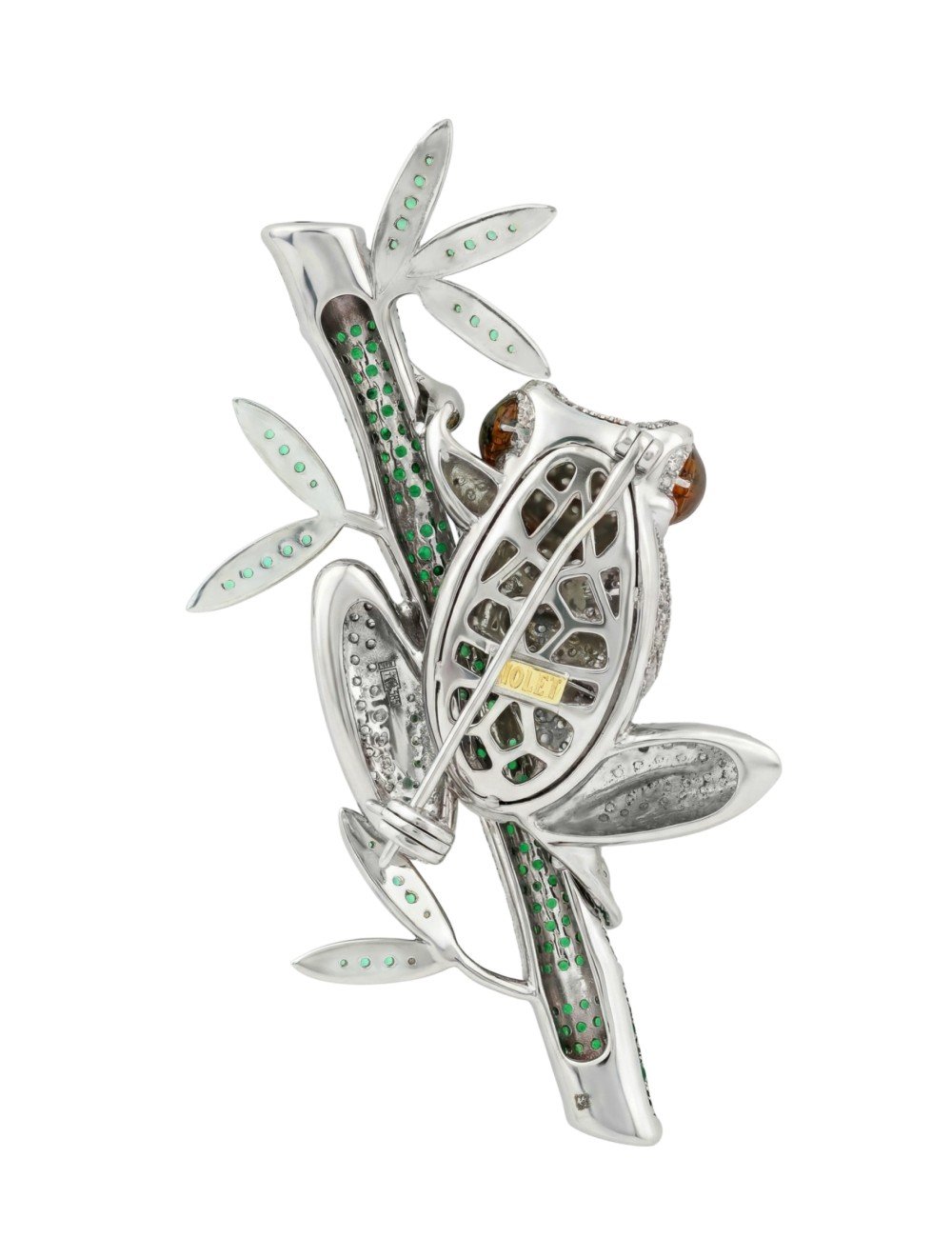 Брошь из белого золота c эмалью, фианитом и дымчатым кварцем