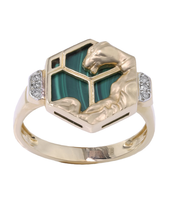 Кольцо из лимонного золота 585 пробы c бриллиантами и малахитом