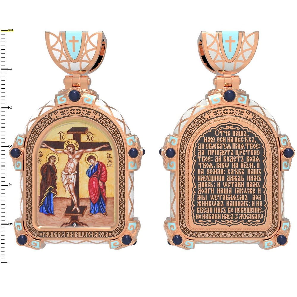 Нательная икона из красного золота 585 пробы c эмалью, иконописью и темперой