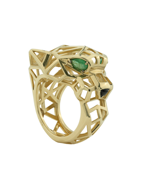 Кольцо из лимонного золота 585 пробы c изумрудом и ониксом