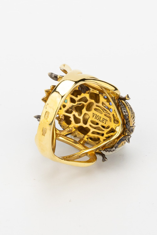 Кольцо из лимонного золота 585 пробы c эмалью, фианитом и турмалином