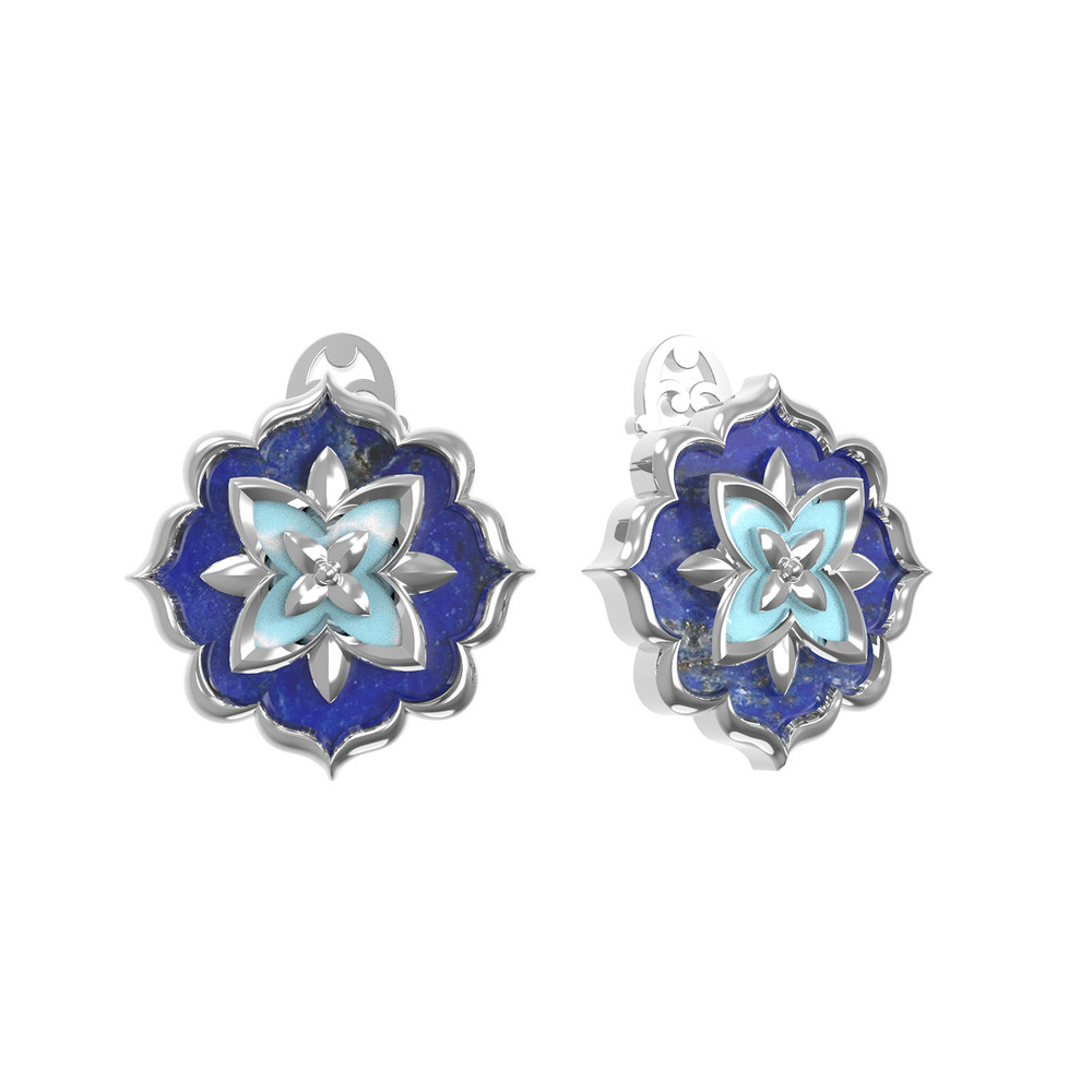 Серьги из белого золота 585 пробы c бирюзой и лазуритом