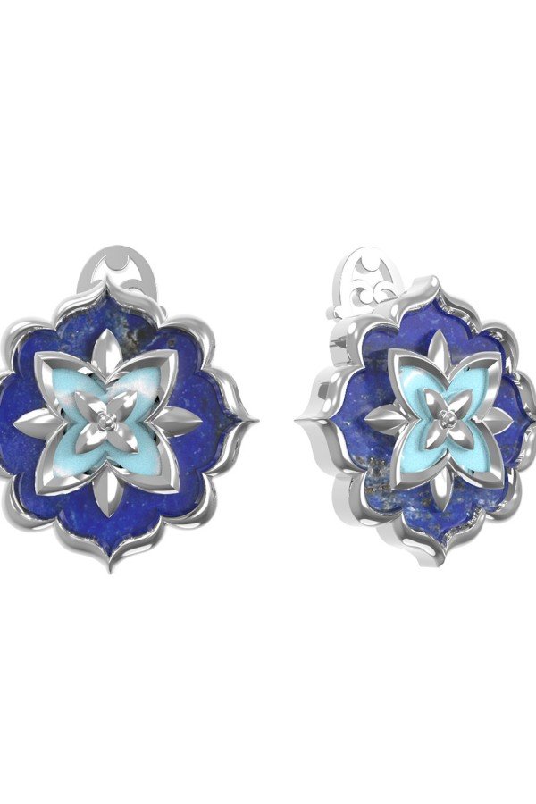 Серьги из белого золота c бирюзой и лазуритом