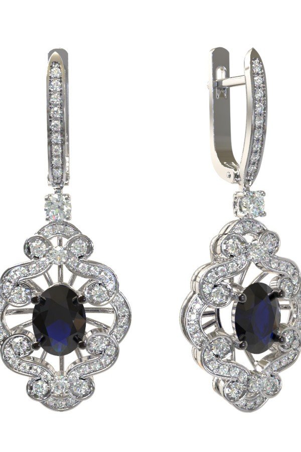 Серьги из белого золота c бриллиантами и сапфиром