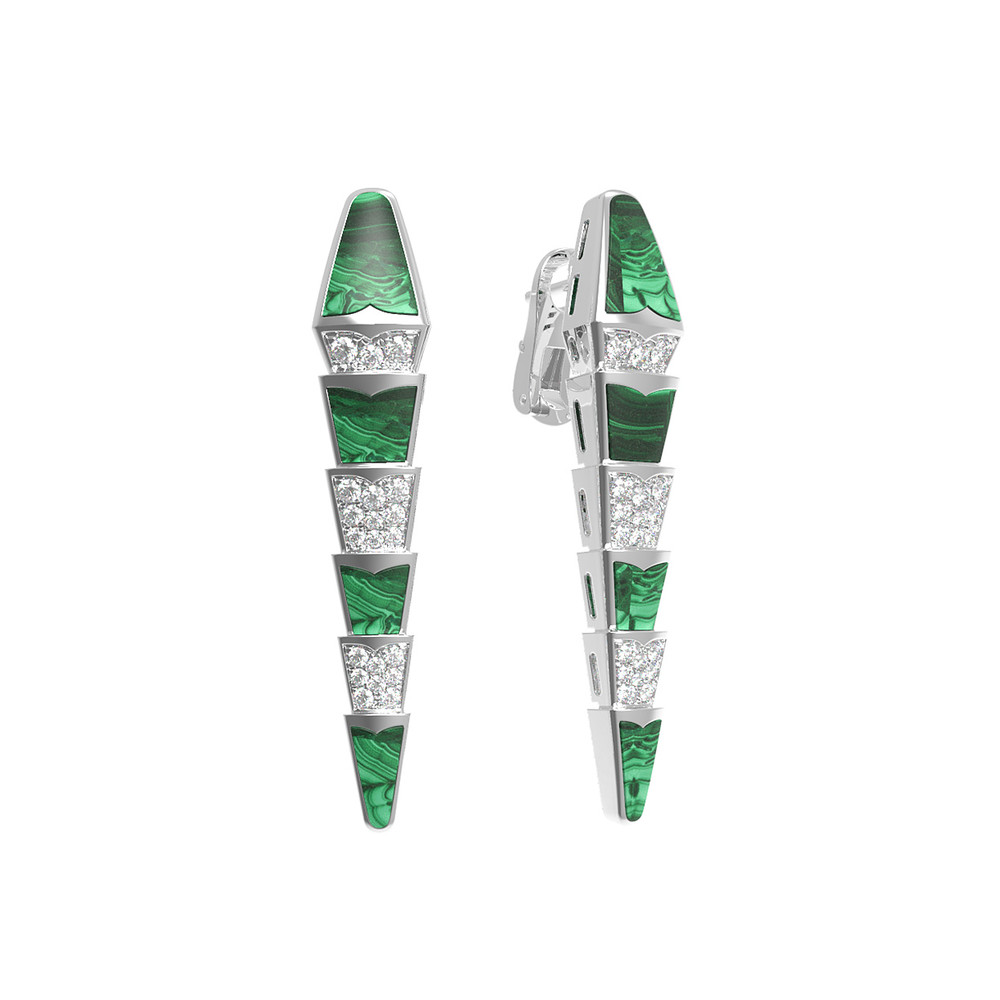 Серьги из белого золота 585 пробы c бриллиантами и малахитом