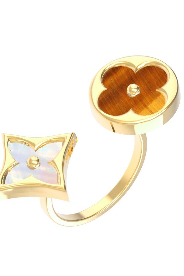 Кольцо из лимонного золота c тигровым глазом и перламутром