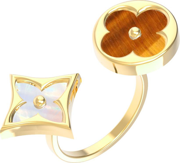 Кольцо из лимонного золота 585 пробы c тигровым глазом и перламутром