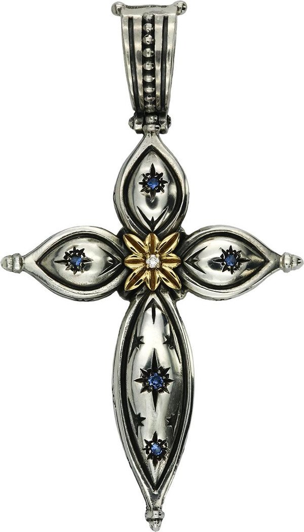 Крест из серебра 925 пробы и золота 750 пробы c фианитом, бриллиантами и рубином