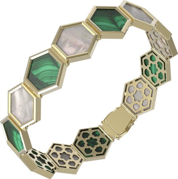 Браслет из лимонного золота c малахитом и перламутром