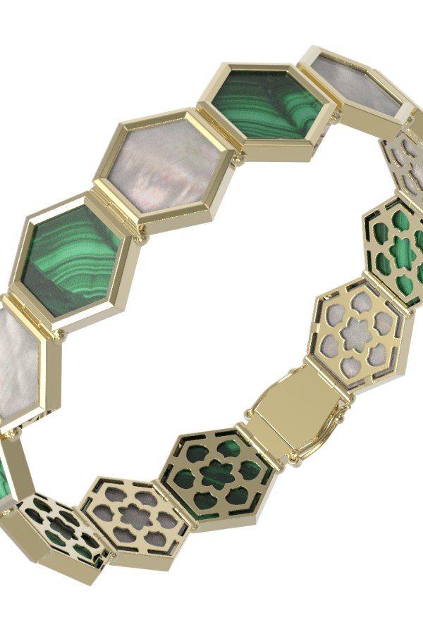 Браслет из лимонного золота c малахитом и перламутром