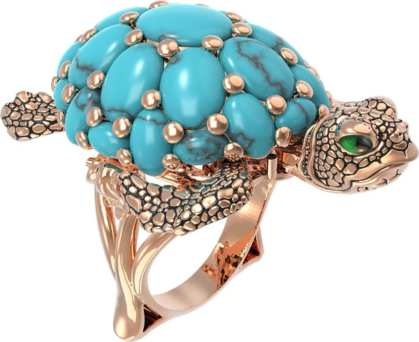 Кольцо из красного золота 585 пробы c эмалью и бирюзой