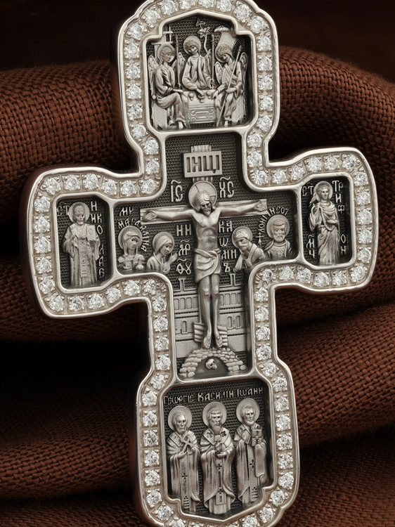 Крест из белого золота 585 пробы c бриллиантами