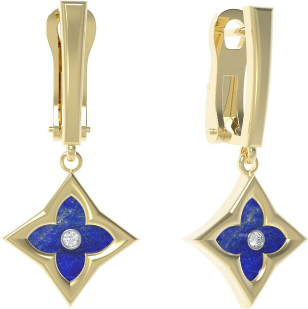 Серьги из лимонного золота 585 пробы c бриллиантами и лазуритом