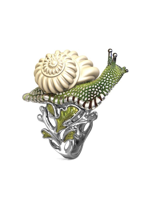 Кольцо из белого золота c эмалью и бивнем мамонта