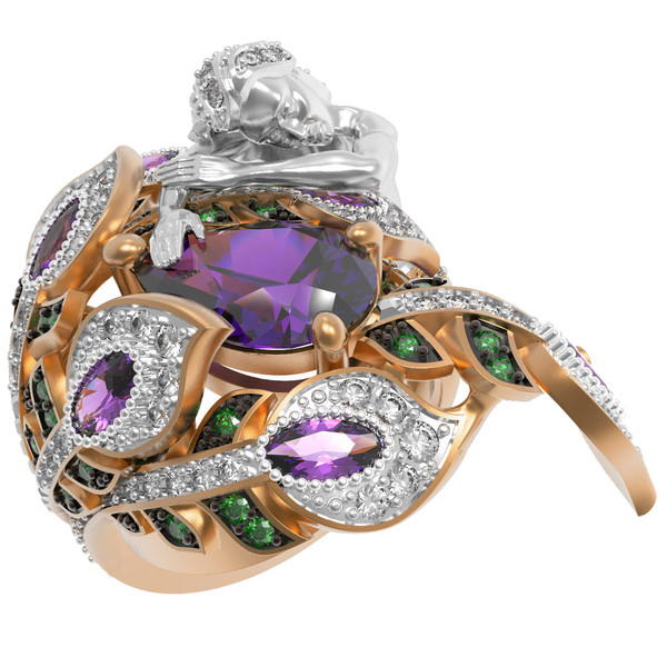 Кольцо из красного золота 585 пробы c фианитом и аметистом