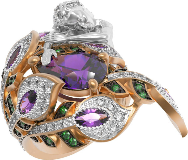 Кольцо из красного золота 585 пробы c фианитом и аметистом